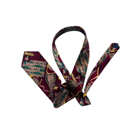 Vintage Santé 100% Silk Music-Themed Burgundy Necktie With Lute & Sheet Music - Picture 4 of 5